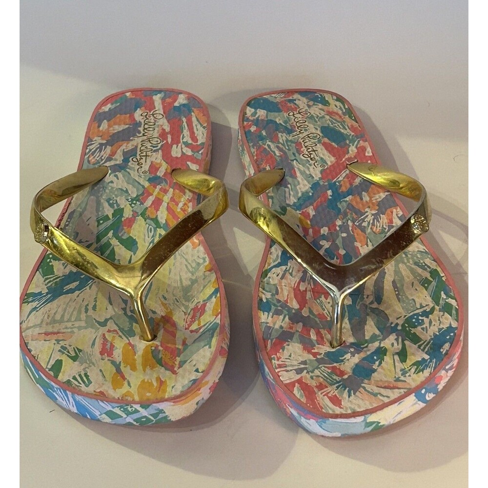 Lilly Pulitzer Metallic Gold Multicolor Tropical Print Thong Flip Flop Sz 9/10
